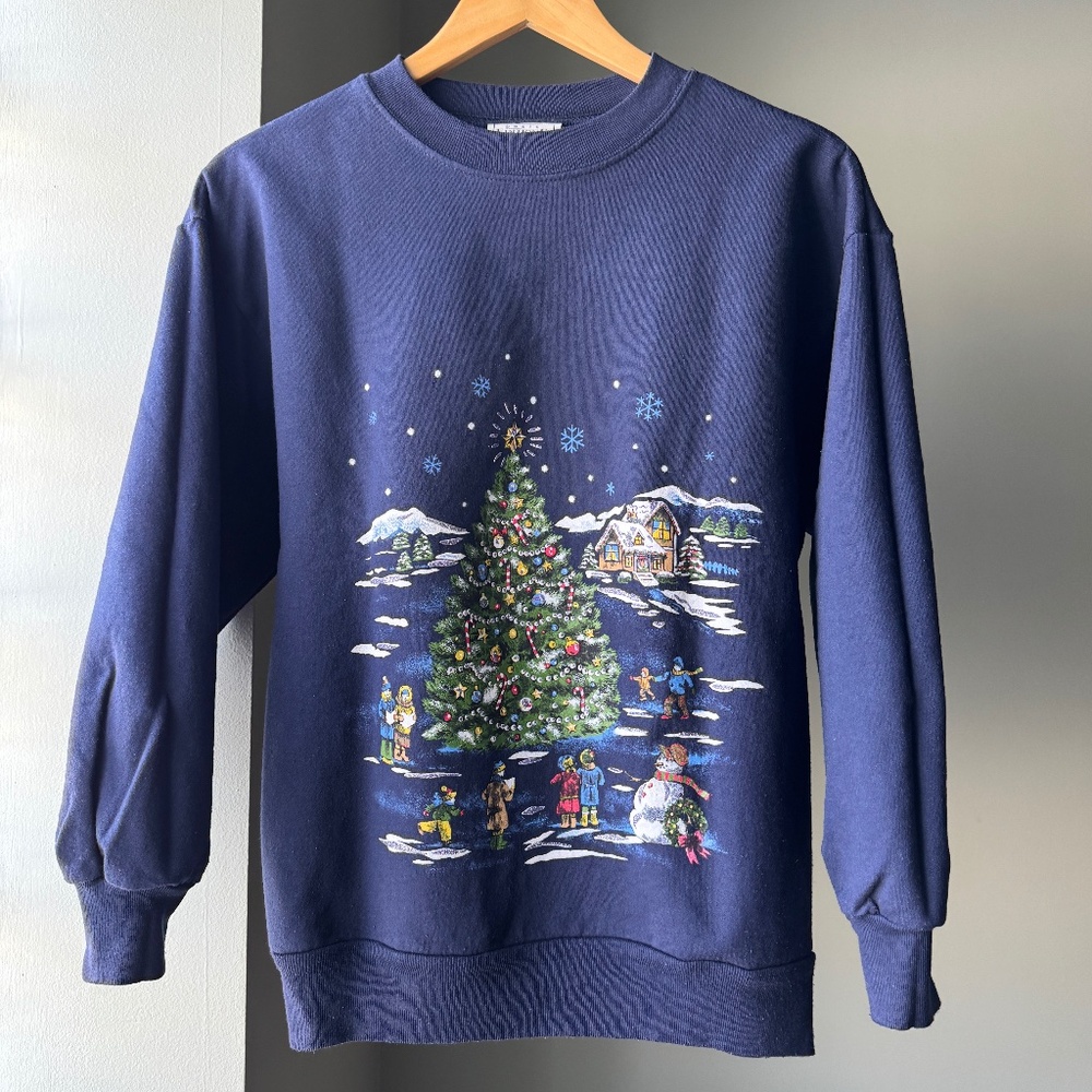 Basic Editions Navy Blue Christmas Tree Crewneck Sweater